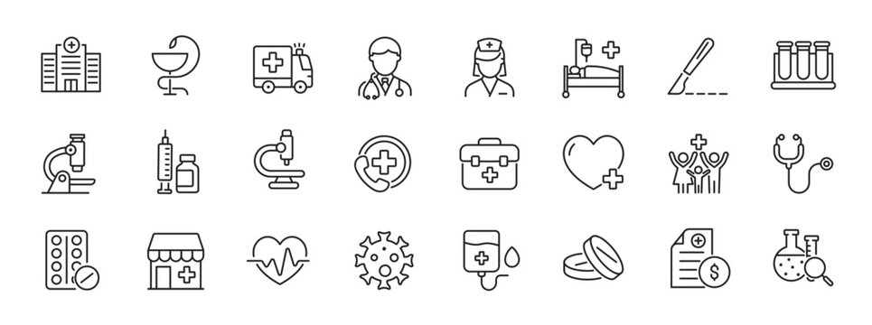 Hospital, medical, healthcare thin line icons. For website marketing design, logo, app, template, ui, etc. Vector illustration.