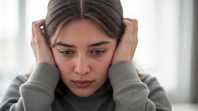 Close-up portrait of a distressed teenage girl covering her ears with her hands. Overwhelmed youth blocking out noise or experiencing sensory overload. Mental health concept