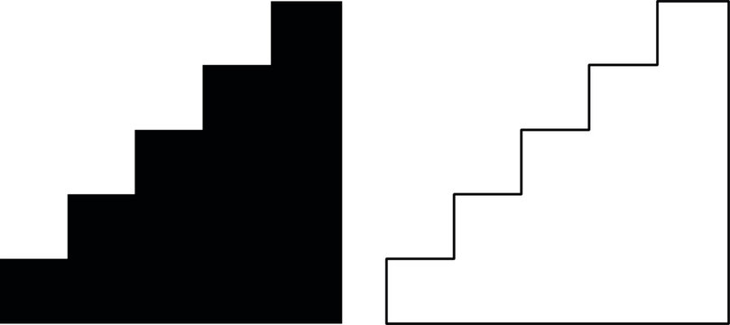 Minimalist black silhouette and outline staircase icons showing upward progress and success on a clean, bright white background.