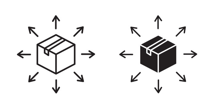 product distribution icon typically features a central package or cargo box with outward-pointing or branching arrows, showing goods moving from a warehouse or supplier out to multiple destinations