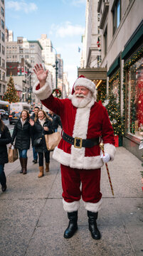 Santa Claus waving on a city street decorated for Christmas