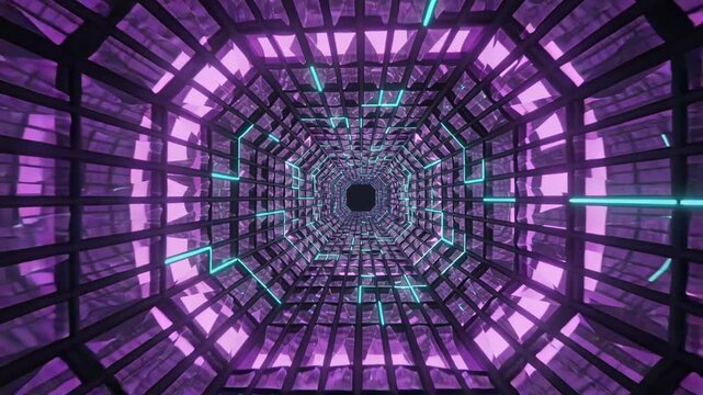 Moving camera revealing octagonal tunnel with grid ribs, purple glow and cyan pulsing showing depth