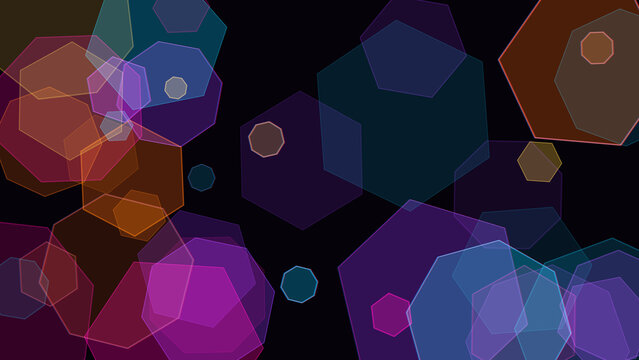 Abstract background, with overlapping translucent, colorful heptagons, glowing, geometric shapes in, blue purple and, orange on a, dark black backdrop