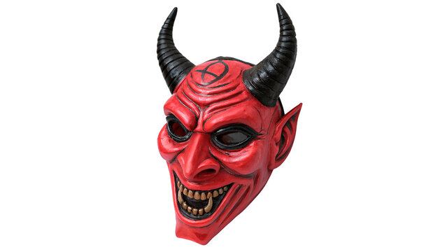 Spooky red devil mask with black horns isolated on transparent background.