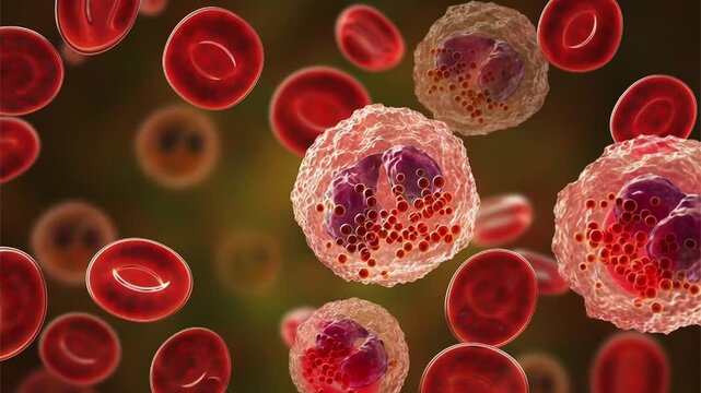 Eosinophilia, 3D animation showing increased eosinophils among red blood cells in the bloodstream.