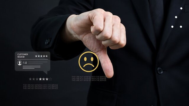 Person Giving Negative Feedback With Down Thumb And Sad Face Over Poor Customer Review Rating