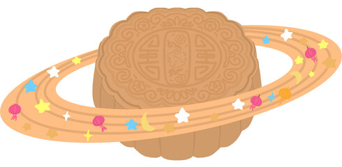 A cute and whimsical Mid-Autumn Festival illustration featuring a traditional mooncake designed like a magical planet, surrounded by colorful rings, stars, crescent moons, and festive lanterns.   © Kunnika