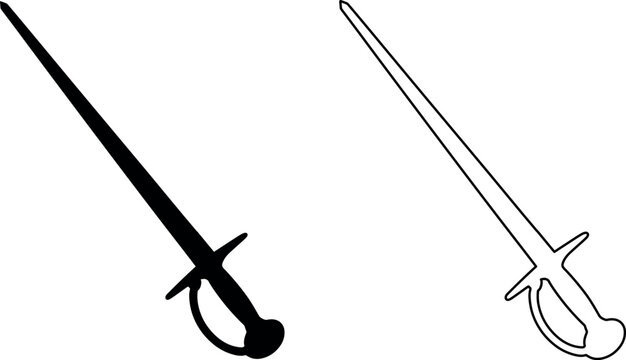 Classic fencing sword silhouette and outline icons evoke noble honor and combat spirit on a bright clean white background.