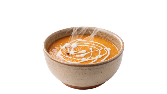 Hot delicious pumpkin soup bowl for dinner isolated on transparent background.