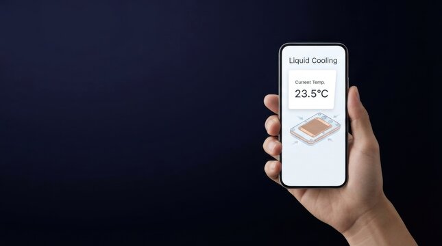 Hand Holding Smartphone With Liquid Cooling Temperature Monitor App
