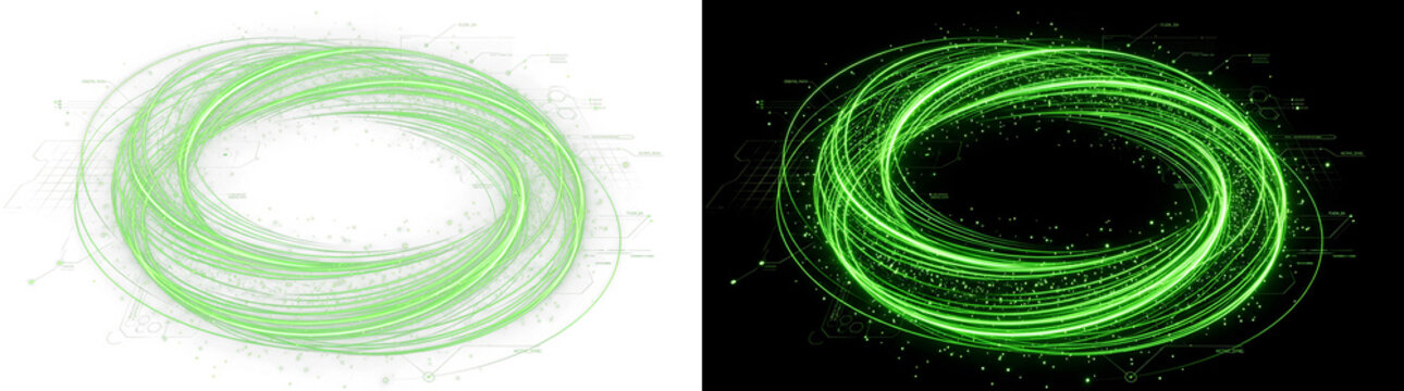 Green energy vortex and digital data loop. Glowing circular light trails and tech particles isolated on transparent background