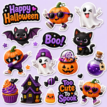 Cute Halloween Sticker Pack with Pumpkin Ghost Black Cat Bat Candy and Haunted House Cartoon Illustrations for Kids Party Decoration