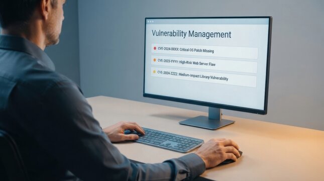 Professional Reviewing CVE Vulnerability List on Desktop Monitor