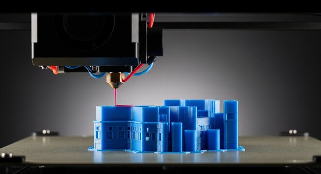 Modern 3D printer depositing blue plastic filament in high-tech manufacturing workspace