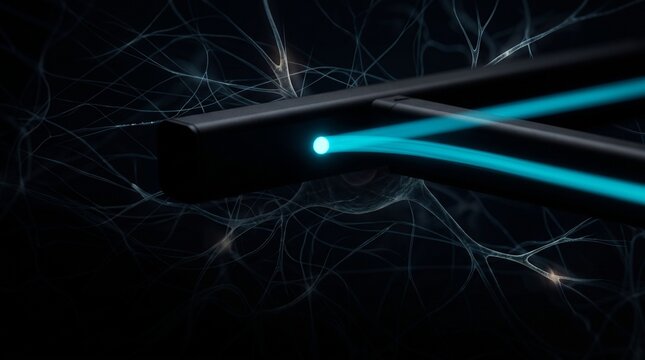 Abstract 3D illustration of EMDR light bar cyan light connecting to neural network neurons
