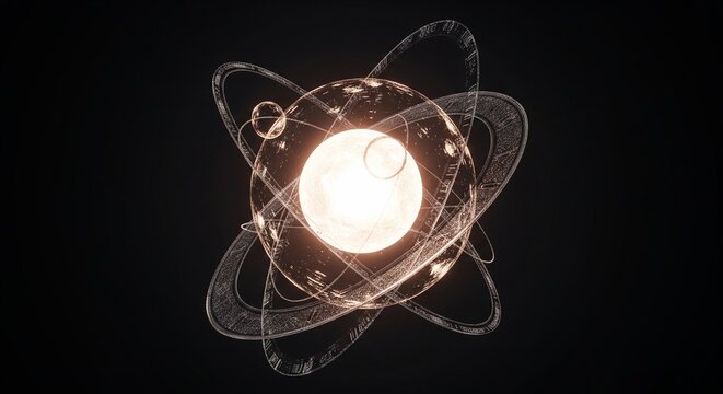 Abstract atomic particle illustration with glowing nucleus and orbiting electrons