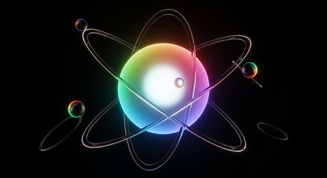 Vibrant atomic particle illustration with colorful energy waves and orbiting electrons