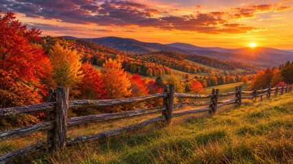 Obraz premium Colorful autumn forest landscape with rustic wooden fence across rolling hills at glowing sunset panorama