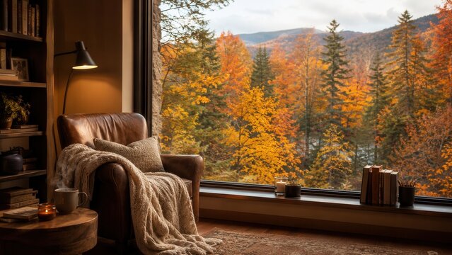 Cozy reading corner with armchair overlooking colorful autumn forest through panoramic window in mountain home