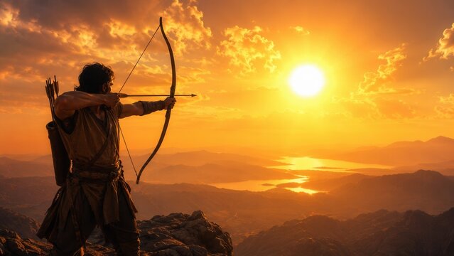 Ancient archer aiming bow toward blazing sunset over dramatic mountain landscape with epic golden sky scenery