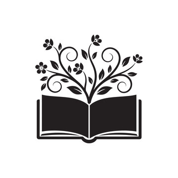 Open book with floral design illustration in black silhouette on a white background
