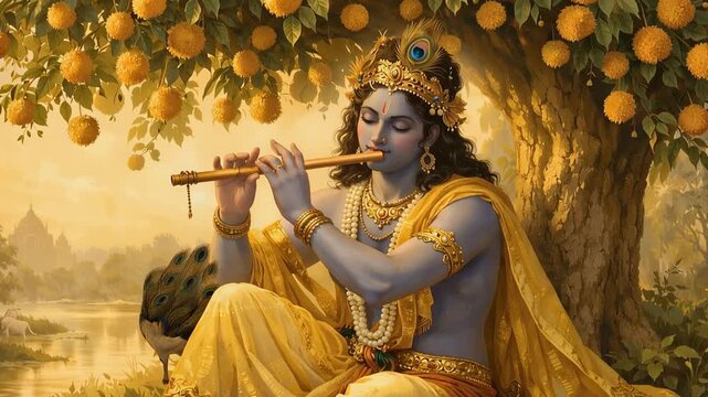 Lord Krishna playing flute beneath a fruit tree in a peaceful golden landscape inspired by Hindu tradition
