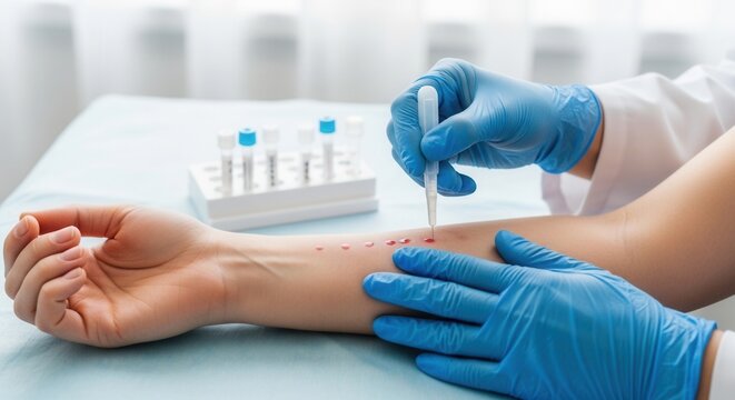 Close-up of a doctor performing an allergy skin prick test on a patient's arm with small drops of liquid and a lancet.