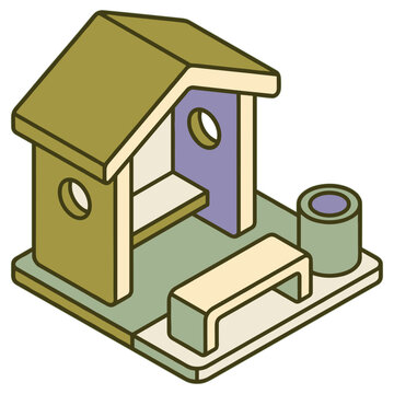 Isometric tiny house with bench and well for outdoor living