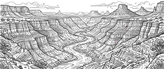 Fototapeta premium Black and White Sketch of a Vast Canyon Landscape