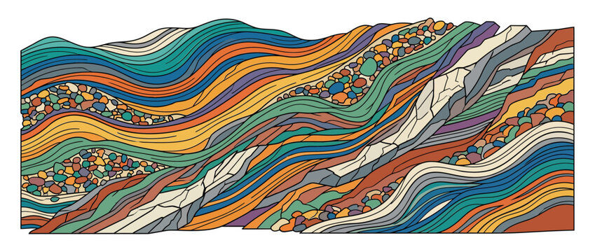 Abstract geological strata layers with colorful wavy lines and pebbles