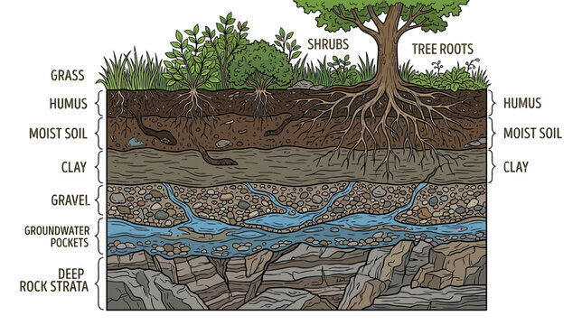 Cross-section of Soil Layers with Plant Life and Water