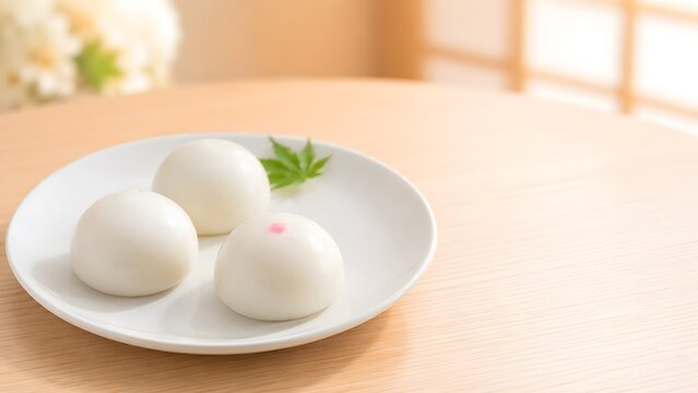 秋のお彼岸のお供え 白い皿に並べた三つの薯蕷饅頭と楓の葉の和菓子
