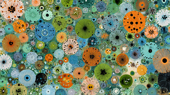 Abstract background with colorful circular shapes and patterns resembling microscopic cells or flowers