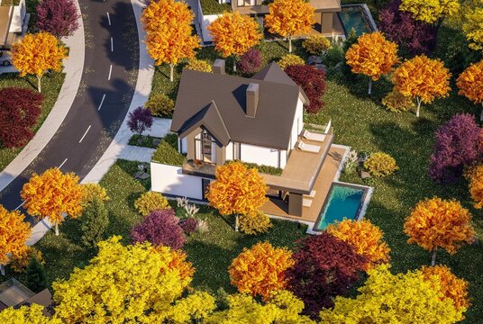 3d rendering of contemporary architectural luxury house exterior. Modern Scandinavian style family home with a white plaster walls, beautiful garden. Clear sunny autumn day with golden leaves anywhere