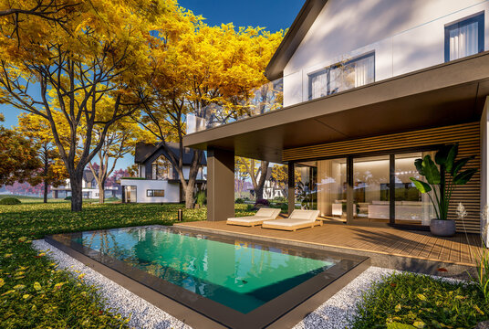 3d rendering of contemporary architectural luxury house exterior. Modern Scandinavian style family home with a white plaster walls, beautiful garden. Clear sunny autumn day with golden leaves anywhere
