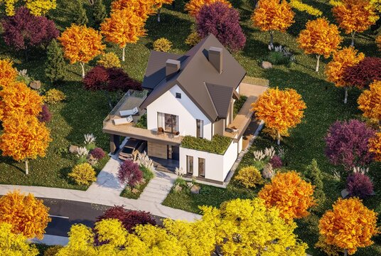 3d rendering of contemporary architectural luxury house exterior. Modern Scandinavian style family home with a white plaster walls, beautiful garden. Clear sunny autumn day with golden leaves anywhere