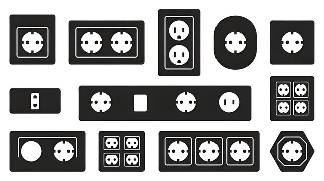 Set of electrical wall socket silhouettes vector collection, power outlet and plug socket icon set isolated on white background
