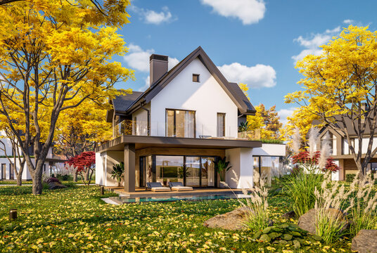3d rendering of contemporary architectural luxury house exterior. Modern Scandinavian style family home with a white plaster walls, beautiful garden. Clear sunny autumn day with golden leaves anywhere
