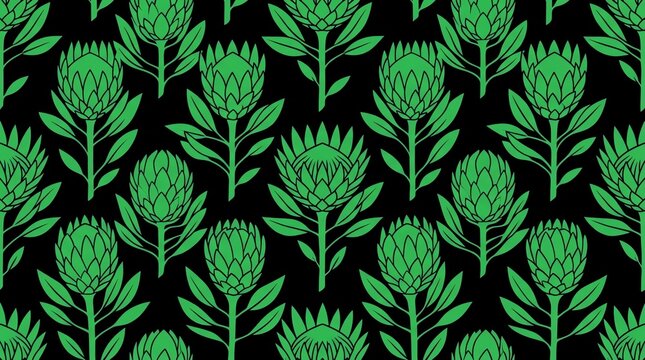 Green protea floral seamless pattern on black background
