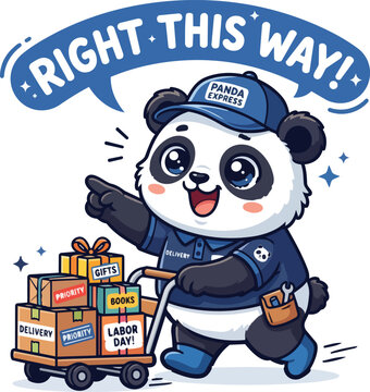 Title: Cute Panda Express Delivery Worker Carting Packages Vector Illustration