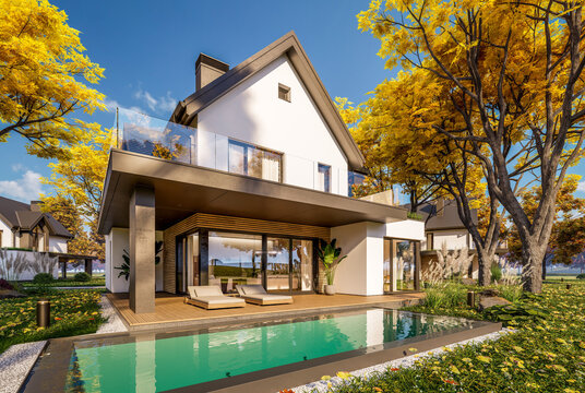 3d rendering of contemporary architectural luxury house exterior. Modern Scandinavian style family home with a white plaster walls, beautiful garden. Clear sunny autumn day with golden leaves anywhere