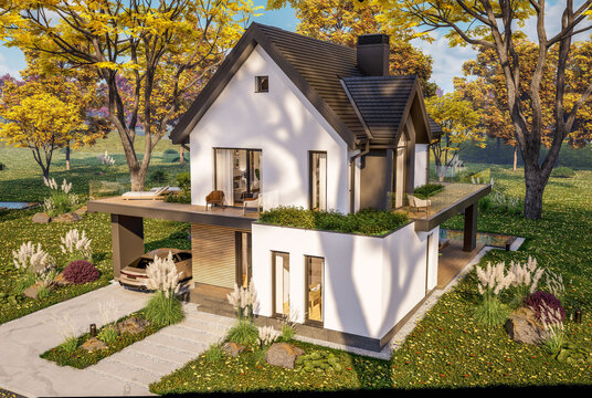 3d rendering of contemporary architectural luxury house exterior. Modern Scandinavian style family home with a white plaster walls, beautiful garden. Clear sunny autumn day with golden leaves anywhere