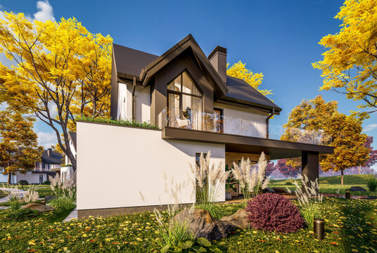 3d rendering of contemporary architectural luxury house exterior. Modern Scandinavian style family home with a white plaster walls, beautiful garden. Clear sunny autumn day with golden leaves anywhere