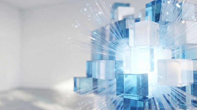 Abstract glowing blue data cubes with light rays representing zettabyte storage