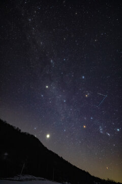 Orion constellation, zodiacal light and Milky Way stars on a dark countryside skies.