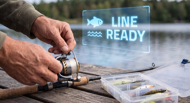 hand threads fishing line beside line ready hologram, wave icon, fish symbol, rigging tackle before a morning cast