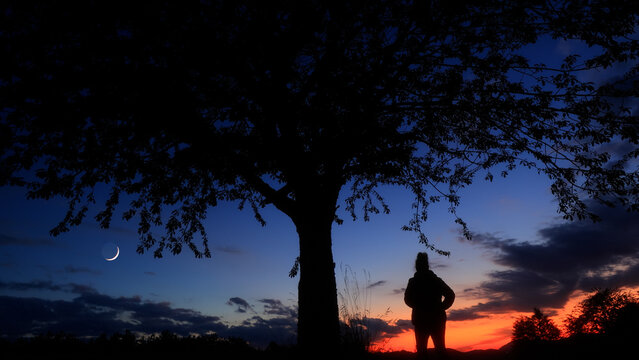 Silhouette of a person in nature observing night sky, Moon, stars and planets from a remote location.