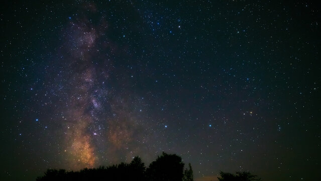 Summer Milky Way stars and landscape scenery silhouettes.