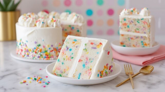 Delicious slice of vanilla cake adorned with vibrant confetti sprinkles on a white plate.