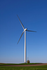 Fototapeta premium Wind turbines at sunset in green field – renewable energy, clean power, sustainable future.